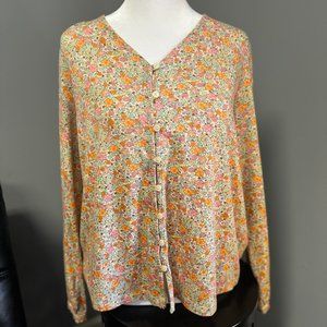 Lands End Orange Floral Long Sleeve Button Down Tencel